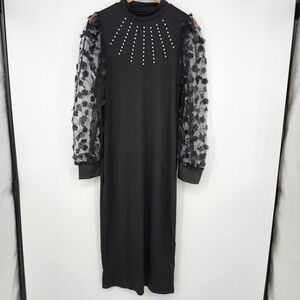 Black Sheer Womens Maxi Dress Size 3XL Whimsigoth Grunge Pearls Puff Sleeves‎